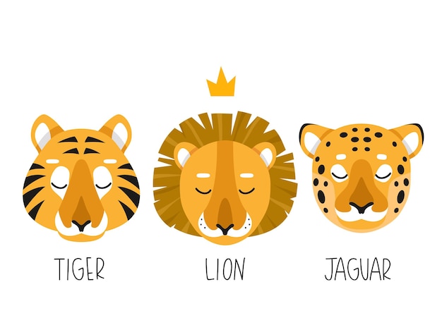 ライオンタイガーとジャガーの3つの簡単なイラストのセット プレミアムベクター