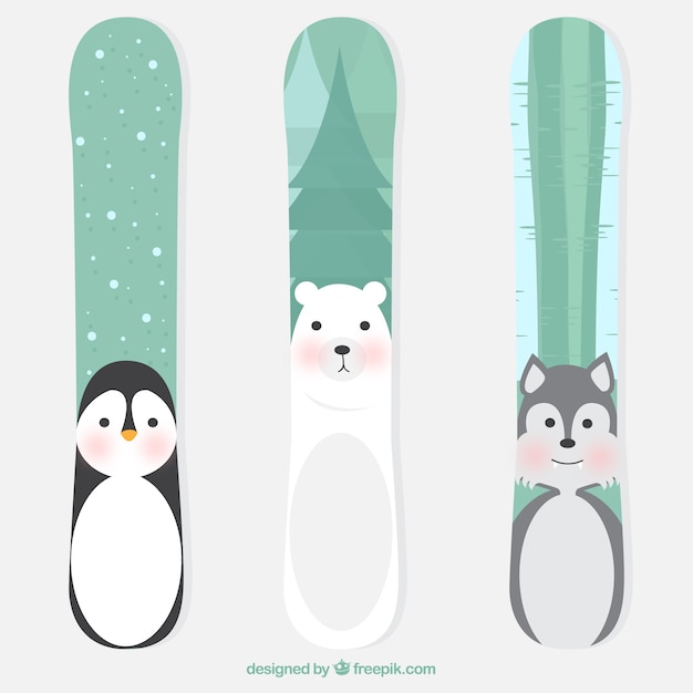 Set of three snowboards with lovely\
animals