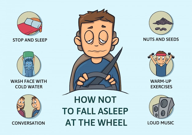 運転中に起きているためのヒントのセット 睡眠不足 ホイールで眠りに落ちないようにする方法 青色の背景のイラスト 漫画のスタイル Infogrphics プレミアムベクター