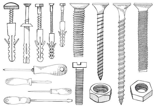 ツールとファスナーのセット ドライバー レンチ スパナ 六角レンチ ネジ クロールプラグ 釘拡張アンカー ナット スケッチ風の手描きイラスト プレミアムベクター