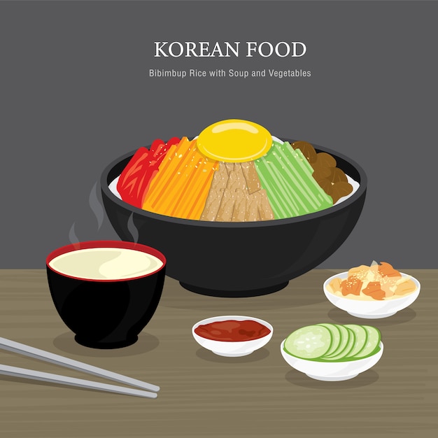 伝統的な韓国料理のセット ビビンバご飯とスープと野菜のサラダ 漫画イラスト プレミアムベクター