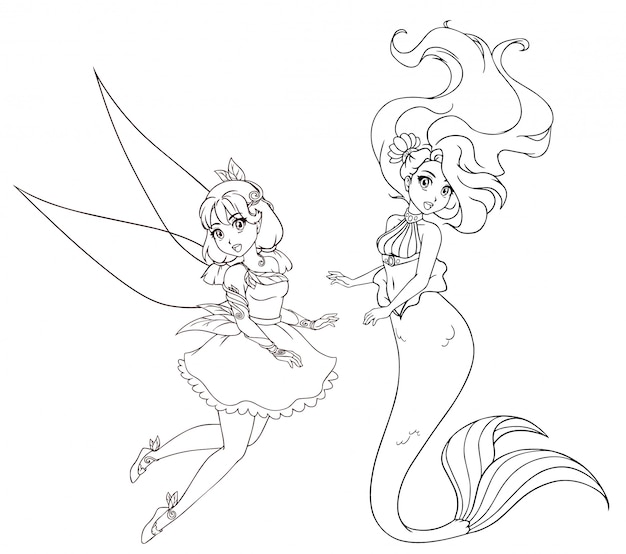 アニメ風キャラクター2体セット 人魚と妖精 塗り絵 タトゥー カード Tシャツテンプレートなどの白い背景の上の手描きイラスト プレミアムベクター