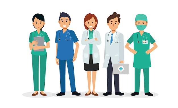 プレミアムベクター 様々な医者の漫画のキャラクターのセットです 病院の医療スタッフチームのコンセプト 図