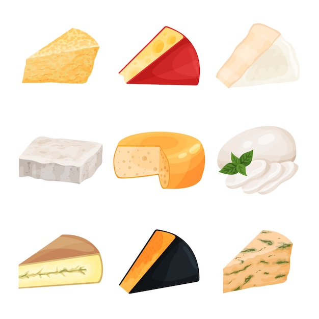 さまざまなチーズ 乳製品漫画イラストのセット プレミアムベクター