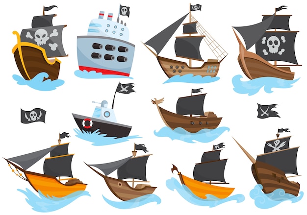 さまざまな種類の定型化された漫画の海賊船のイラストと黒い帆のセット 画像ジョリーロジャーとガレオン船 かわいい絵 水上を航行する海賊船のコレクション プレミアムベクター
