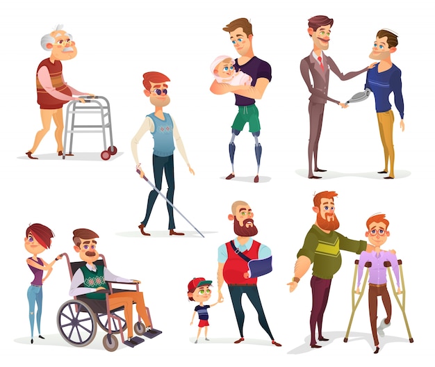 Set of vector cartoon illustrations of people
with disabilities isolated on white.