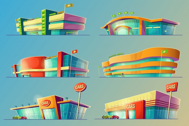 無料のベクター ベクトル漫画イラスト 様々なスーパーマーケットの建物 お店 大型モール 店舗のセット