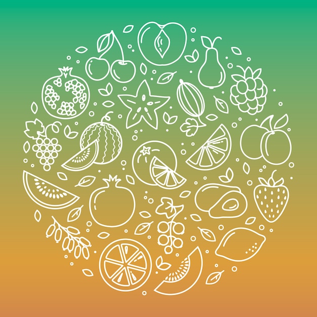 円形の野菜や果物のアイコンイラスト背景のセット プレミアムベクター