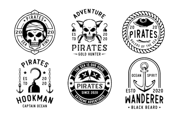 ヴィンテージ海賊バッジまたはロゴのセット プレミアムベクター