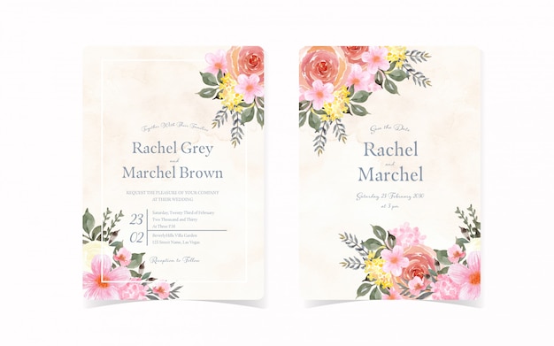 抽象的な花と背景とビンテージのウェディング招待状カードのセット プレミアムベクター