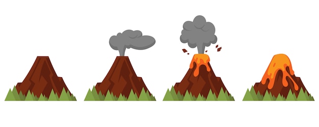 噴火の程度が異なる火山のセット 孤立したオブジェクトのフラットスタイルのイラスト プレミアムベクター