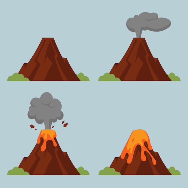 さまざまな程度の噴火の火山のセット 孤立したオブジェクトとフラットスタイルの図 プレミアムベクター