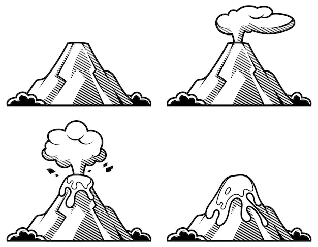 噴火の程度が異なる火山のセット 彫刻スタイルのイラスト プレミアムベクター