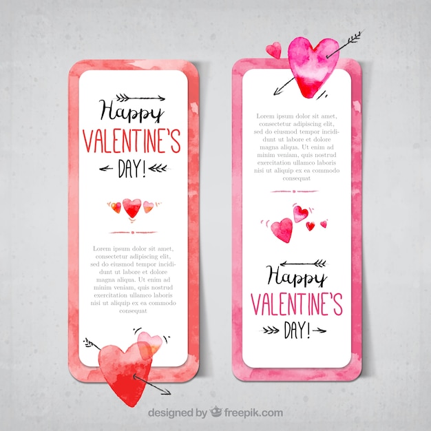 Set of watercolor banners with valentine\
hearts