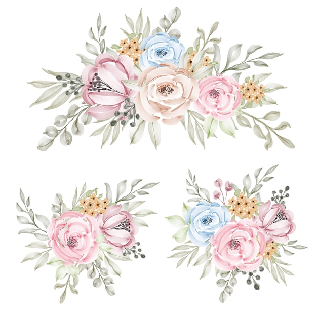 青と桃のバラと葉の水彩花フレーム花束のセットです ウェディングカードの植物装飾イラスト プレミアムベクター