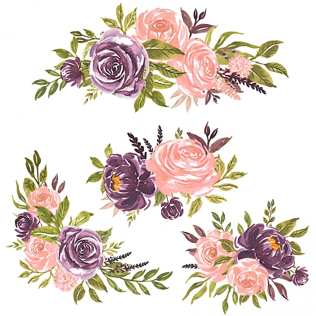 水彩花のセット手描きの花イラストピンクのバラと紫の花の花束 プレミアムベクター