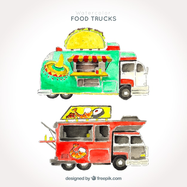 Set of watercolor food trucks