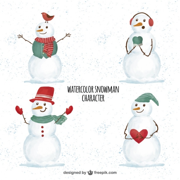 Set of watercolor snowmen in winter
clothes