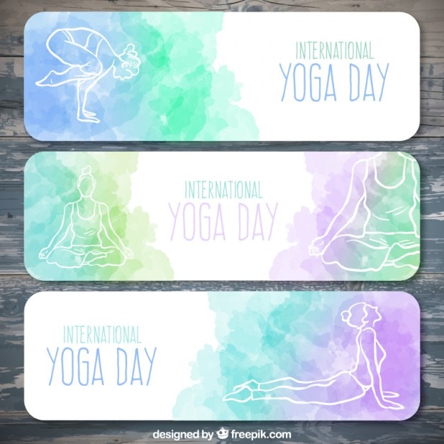 Set of watercolor yoga day banners with hand\
drawn poses