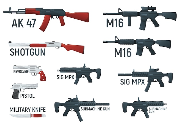 白で隔離武器軍事銃器漫画イラストのセットです プレミアムベクター