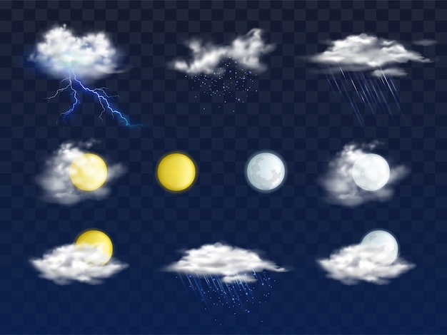 さまざまな雲 太陽と月の円盤と天気予報アプリの現実的なアイコンのセット 無料のベクター