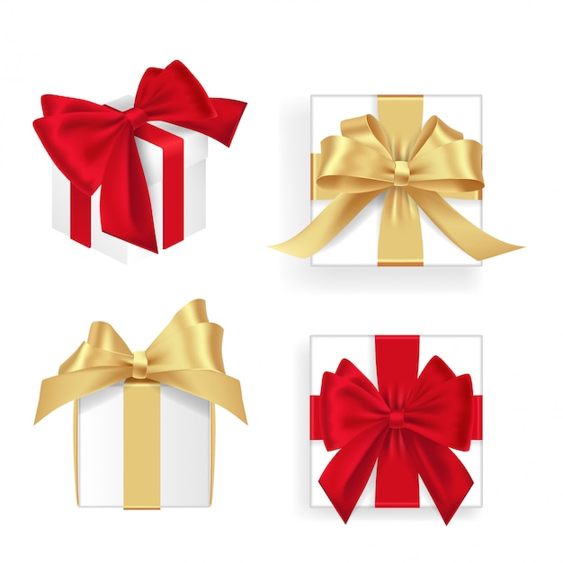 白いギフトボックスの赤と金色のリボンのセット たくさんのプレゼント フラット装飾コレクション ギフトボックスのリアルなイラストセット プレミアムベクター