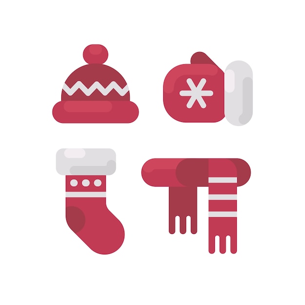 プレミアムベクター 冬の洋服フラットイラストのセット 帽子 ミトン ストッキング スカーフ クリスマスフラットアイコン