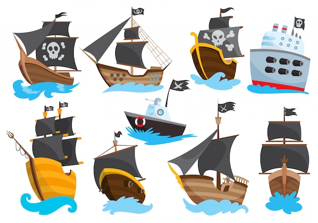 木製海賊海賊船フィリバスターコルセア海犬船アイコンゲーム 分離フラットデザインのセット カラー漫画フリゲート プレミアムベクター