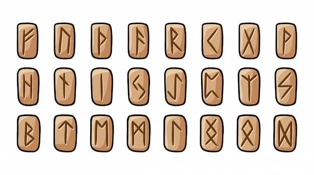 木製のルーン文字のセット 木のコレクションには 彫刻が施されたルーン文字の落書きが描かれています ケルトのグリフのベクトルイラスト プレミアムベクター
