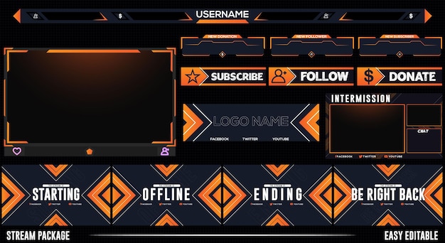 Premium Vector | Set of orange live stream overlay and others element ...