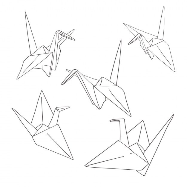 Set of outline paper origami birds isolated on white | Premium Vector