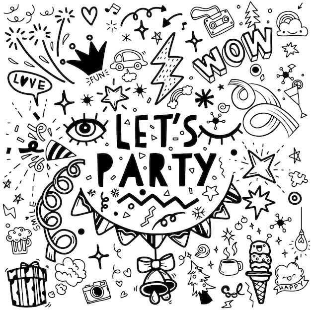 Premium Vector | Set of party illustration ,hand drawn doodle sketch line