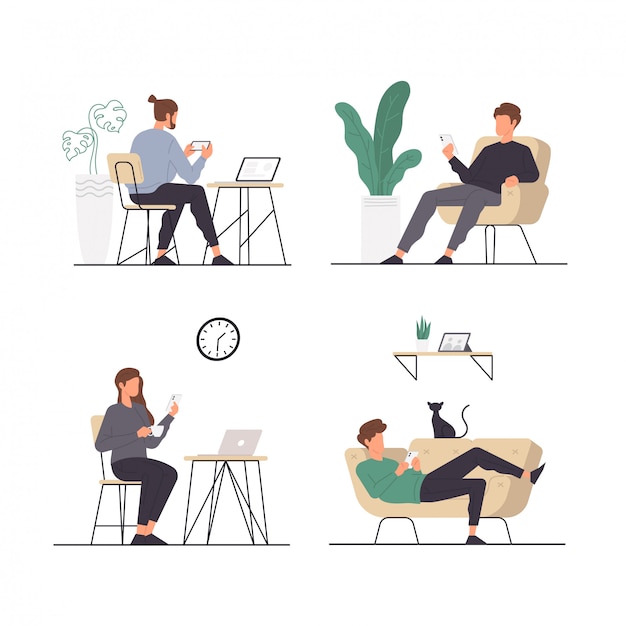 Premium Vector Set Of People Activities Sitting Down Relaxing While Using Their Phone