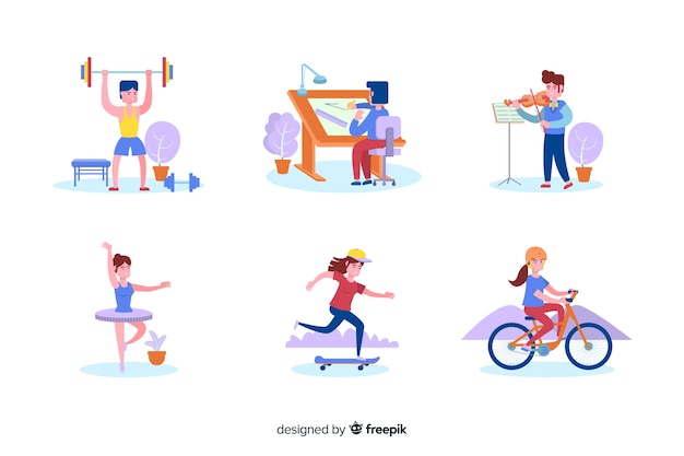 Free Vector | Set of people enjoying their hobbies