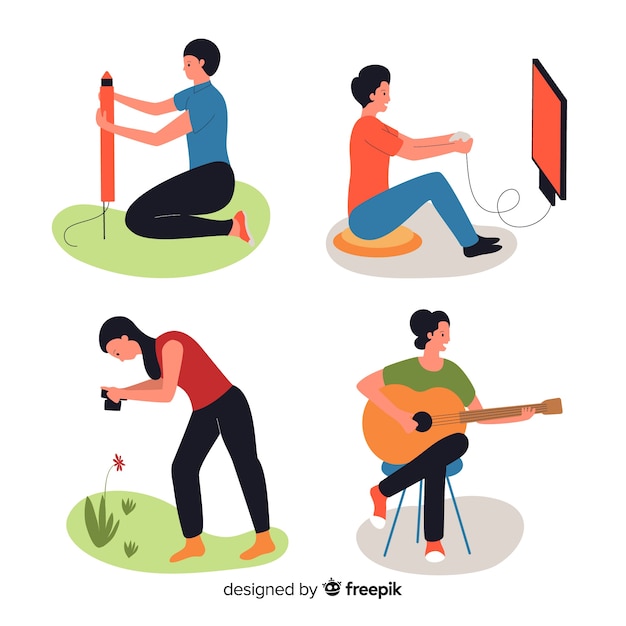 Free Vector Set of people enjoying their hobbies