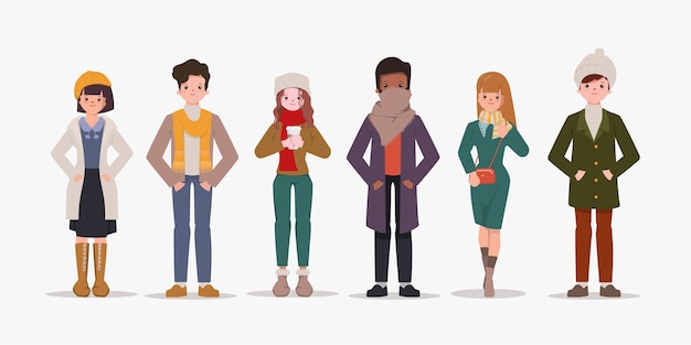 Premium Vector | Set of people wearing winter clothes collection.