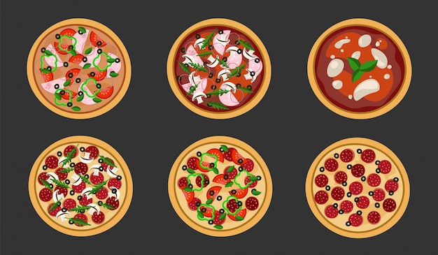 Premium Vector | Set of pizza in a flat on black . illustration. isolated.