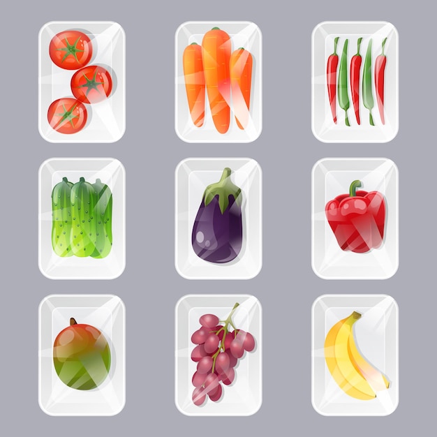 Free Vector Set Of Plastic Trays With Fresh Fruits And Vegetables With Wrapping By Transparent Film In Cartoon Style