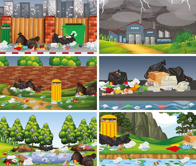 Free Vector | Set of polluted scenes