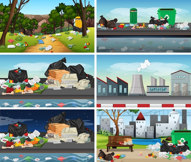 Free Vector | Set of polluted scenes