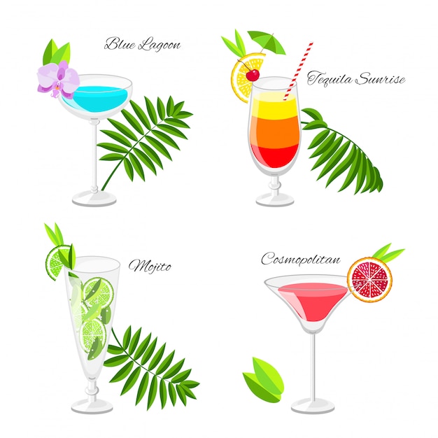 Premium Vector Set Of Popular Cocktails Decorated With Fruit Slices And Tropical Flowers Cartoon Style