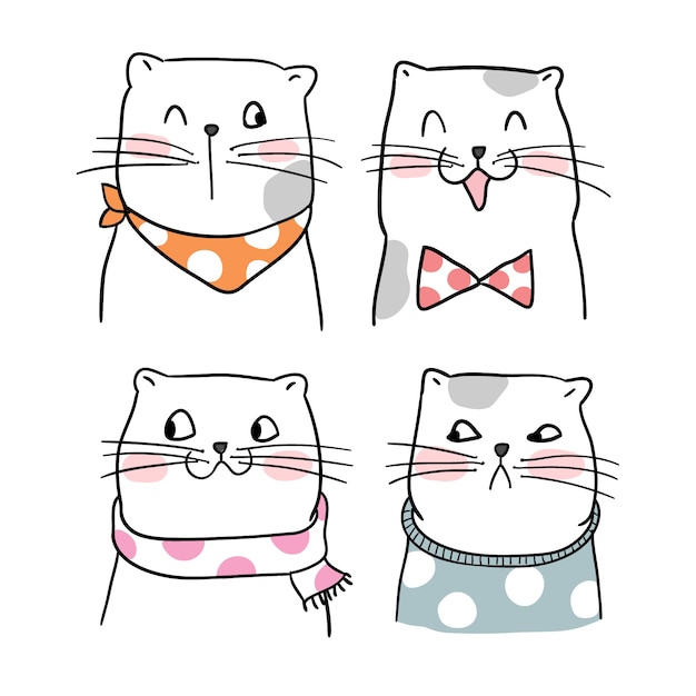 Premium Vector | Set portrait funny cat with doodle style