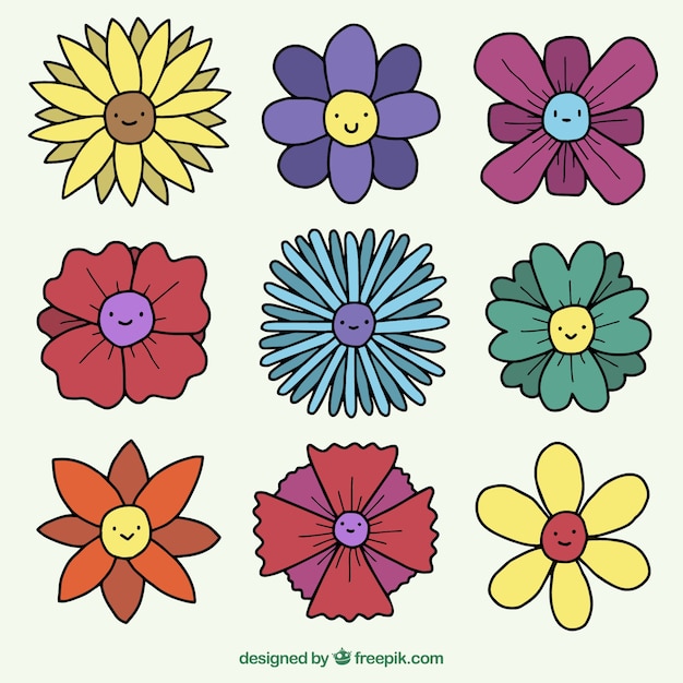 Set of pretty hand drawn flowers with faces Vector Free Download
