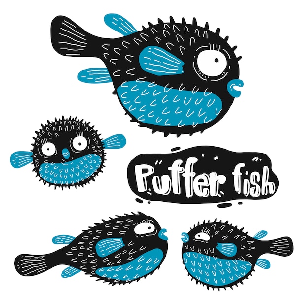 Download Set of puffer fish silhouette Vector | Premium Download