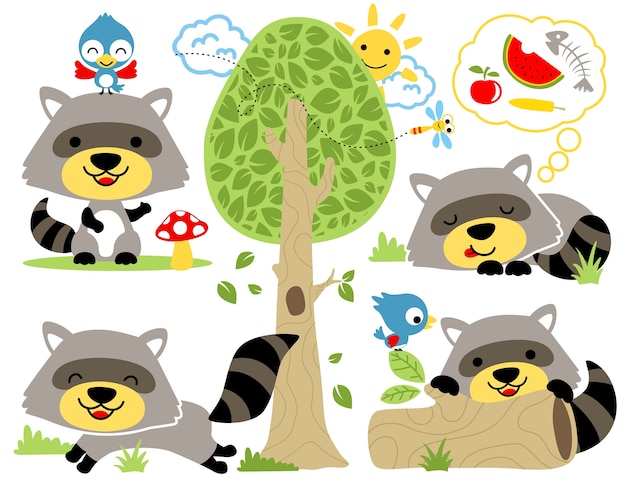 Premium Vector | Set of raccoon cartoon with friends