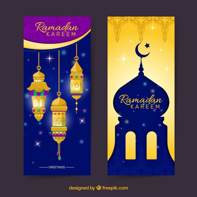 Set of ramadan  banners  with lamps and mosque Free Vector