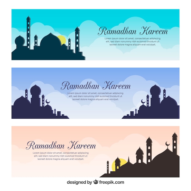 Free Vector Set Of Ramadan Banners With Mosques Silhouettes