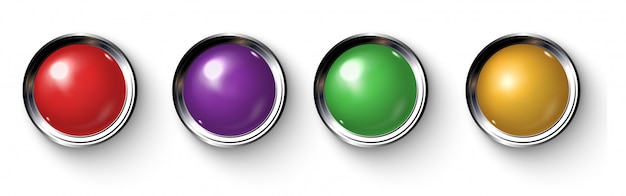 Set of realistic colored buttons with metallic borders. Premium Vector