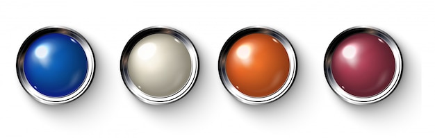 Set of realistic colored buttons with metallic borders. Premium Vector