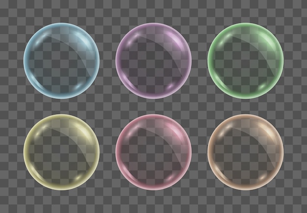 Set of realistic colorful transparent soap water bubbles, balls or spheres. Premium Vector
